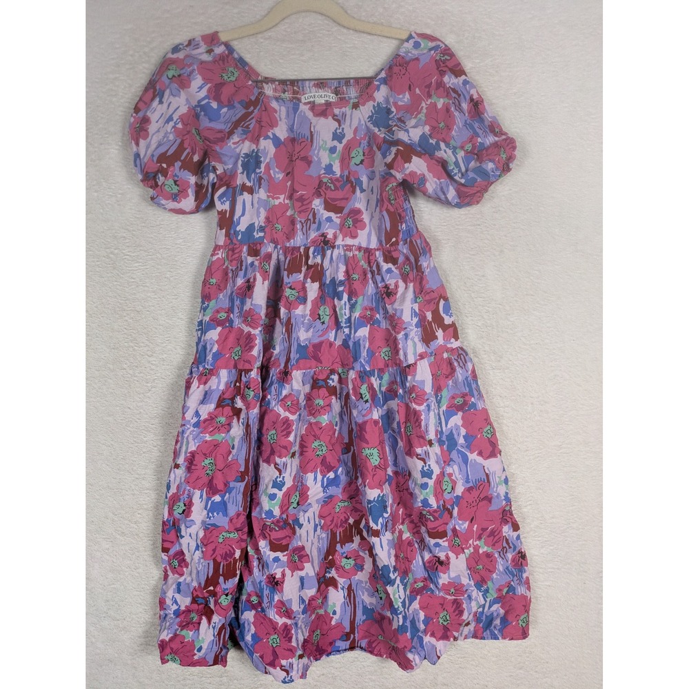 Love Olive Co Midi Dress Girl's L Pink Floral Smocked Puff Sleeve Tiered
